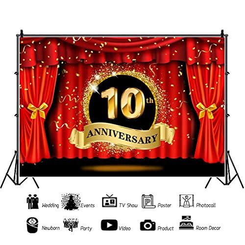 7x5ft Happy 10th Anniversary Backdrop Luxury Stage Red Curtain Glitter Golden Spots Photography Background Lover Couple Marriage Wedding Anniversary Celebration Party Vinyl Studio Props - color: 10th, size: 7x5ft