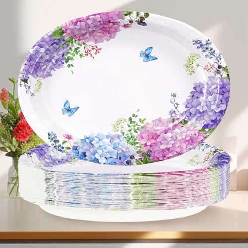 50Pcs Hydrangea Flowers Oval Paper Plates Large 10"x12" Blue Purple Pink Hydrangea Floral Plates Disposable Heavy Duty Flower Plates for Spring Wedding Bridal Baby Shower Decoration Tea Party Supplies - style: 50Pcs Hydrangea Oval Plates
