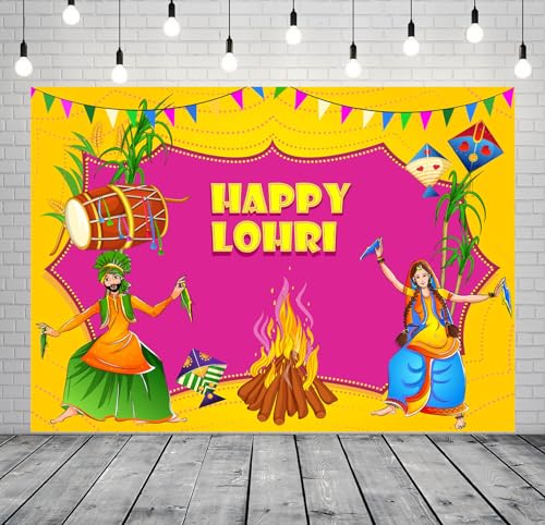 BELECO 9x6ft Fabric Happy Lohri Backdrop Indian Harvesting Festival Bonfire Music Dancing Photography Background India Holiday Celebration Party Decoration Banner Photo Booth Shoot Props - size: 9x6FT