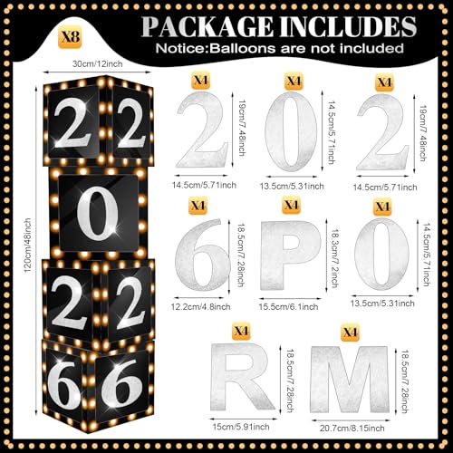 Sinmoe 8 Pcs 2026 Prom Graduation Boxes Decoration Photo Booth Border Lighting 12'' Column Standup with 2026 Prom Letters Graduation Props Backdrop Decor for Party Supplies(Black and Silver) - color: Black and Silver