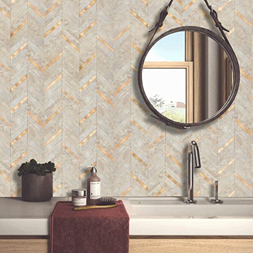 DICOFUN 10 Sheets Herringbone Peel and Stick Backsplash, Beige Stone PVC Stick on Backsplash, Marble Look Self Adhesive Wall Tile for Kitchen and Bathroom - color: Stone Beige and Metal Copper, size: 10 Sheets, 12"x12"x0.12"