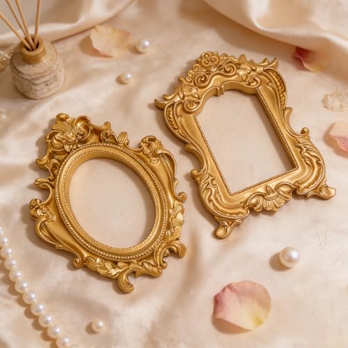 6 Pcs Mini Vintage Gold Frames, Small Picture Frames Antique Resin Photo Frame for DIY Craft Galley Wall Hanging Jewelry Display Shooting Photo Props Christmas Decor (Without Backings) - color: Brass, style: Style 2