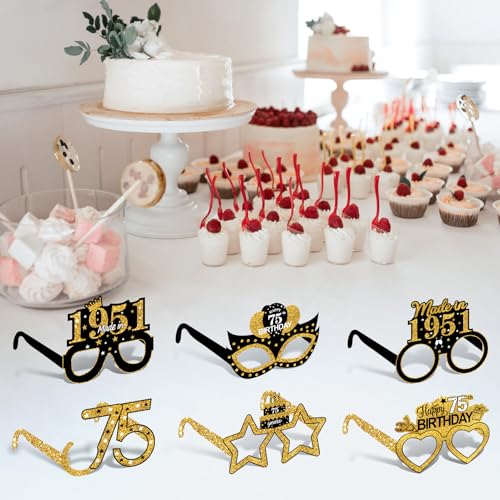 Turypaty 24Pcs 1951 75th Birthday Paper Glasses Decorations for Men Women - Black Gold Happy 75th Birthday Paper Eyeglasses Photo Props, Vintage 1951 Seventy-five Years Old Birthday Party Supplies - style: Black Gold 75th