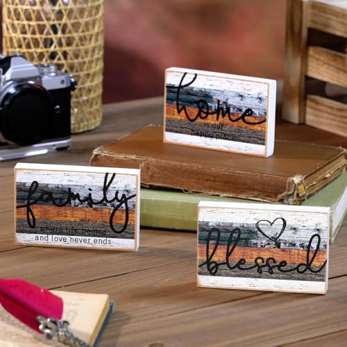Jetec 3 Pcs Family Home Blessed Rustic Wood Sign Mini Heart Wood Decorative Sign Farmhouse Wood Decor Table Decorations Sign for Bedroom Kitchen Living Room Table Decor - color: Multicolor, size: 4.25 x 2.76 x 0.59 in
