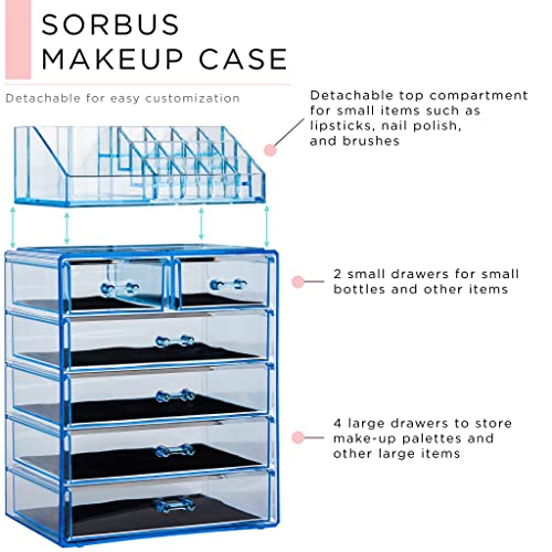 Sorbus Acrylic Makeup Organizer Set, 6-Drawer Vanity & Countertop Cosmetic Storage with Small & Wide Compartments, Blue Brilliance Makeup Storage for Brushes, Jewelry – Holiday Gift for Women & Teens - color: Blue Brilliance, size: 4 Large, 2 Small Drawer