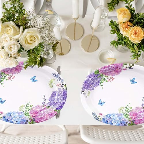 50Pcs Hydrangea Flowers Oval Paper Plates Large 10"x12" Blue Purple Pink Hydrangea Floral Plates Disposable Heavy Duty Flower Plates for Spring Wedding Bridal Baby Shower Decoration Tea Party Supplies - style: 50Pcs Hydrangea Oval Plates