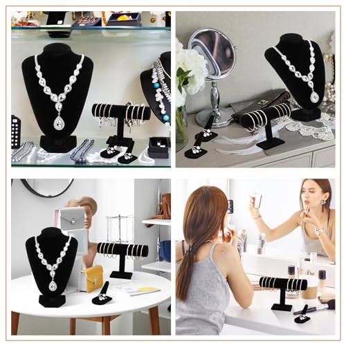 Wenqik 4 Pcs Velvet Jewelry Display Set Velvet Necklace Bust Holder Bracelet Organizer 2 Ring Finger Jewelry Holder - color: Black