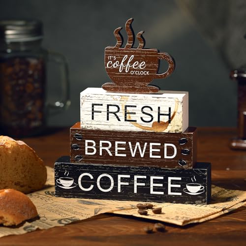 Geelin 4 Pcs Coffee Bar Decor Wood Blocks Mini Coffee Bar Wooden Signs Book Stacks Accessories Rustic Table Sign Farmhouse Tiered Tray Decor for Home Table - style: Coffee