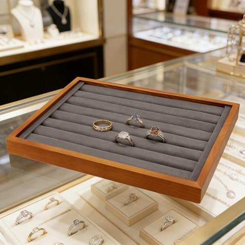 Solid Wood Ring Tray Display Stand Jewelry Drawer Organizer Showcase Ring Display Holder For Home Desk or Shop Store Selling Show (13.78" L x 9.45" W x 1.18" H) Grey - color: Gray, size: Ring Tray-W 9.45" x H 1.18"x L 13.78"