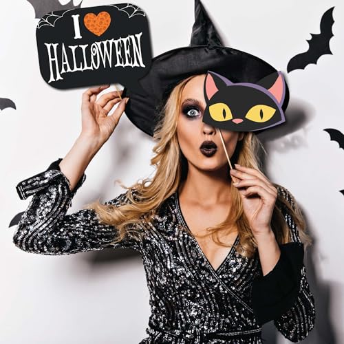 Halloween Photo Booth Props - 41-pc Kit With 8 x 10-Inch Sign, 60 Adhesive Pads, and 45 Sticks - Photobooth Decorations and Selfie Props