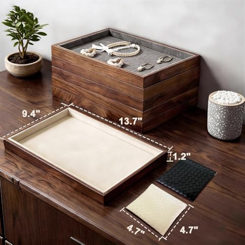 Large Solid Wood Jewelry Watch Tray, Velvet Jewelry Board Display Trays for Key Wallet Ring,Stackable Wooden Jewelry Drawer Organizer Showcase Jewelry Holder(Beige) - color: Beige