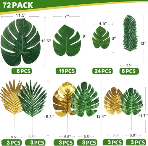 72 Pieces 10 Kinds Artificial Palm Leaves Golden Tropical Leaves with Stems Jungle Leaves Decorations for Hawaiian Luau Party Beach Baby Shower Wedding Birthday - color: 72pcs Gold