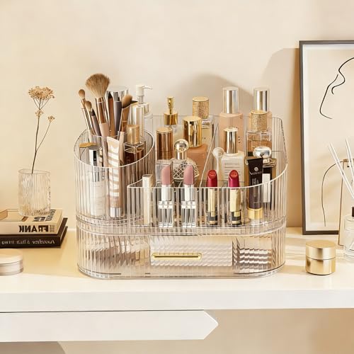 Makeup Organizer with 360° Rotating Brush Holder and Stackable Drawers, Cosmetic Display Case for Vanity, Bathroom Countertop (Clear, 2 Layer) - color: Clear, size: 2 Layer