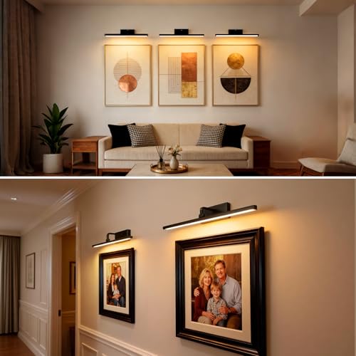 Cordless Picture Light Painting Light with Rechargeable & AA Battery, Full Metal Wall Light over Picture Portrait Poster, Brightness Dimmable,3 Lighting Colors, Timer Auto-off for Hallway Gallery - color: Black