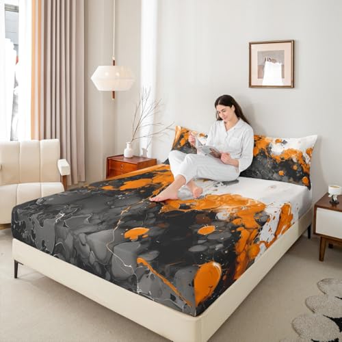 Abstract Art Fitted Sheet Orange Twin Bed Sheets | Ombre Marble Texture Ink Fluid Art Gradient Black Marbling Bed Set - color: Orange, size: Twin