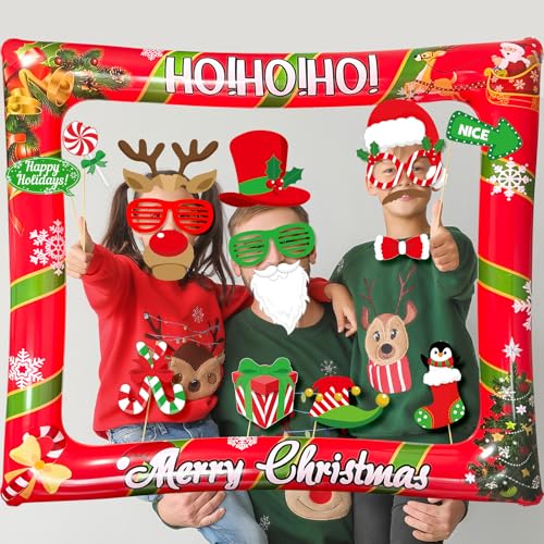 Christmas Photo Booth Props Inflatable Frame, 32Pcs Christmas Party Photo Booth Props with Inflatable Picture Frame Large for Xmas Holiday Party Selfie Supplies - color: Christmas