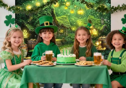 5X3ft St. Patrick's Day Backdrop Magic Enchanted Forest Green House Lucky Irish Shamrock Gold Coins Wonderland Photography Background for Kids Girls Party Decoration Cake Table Photo Booth Props - color: Multi9, size: 5x3ft