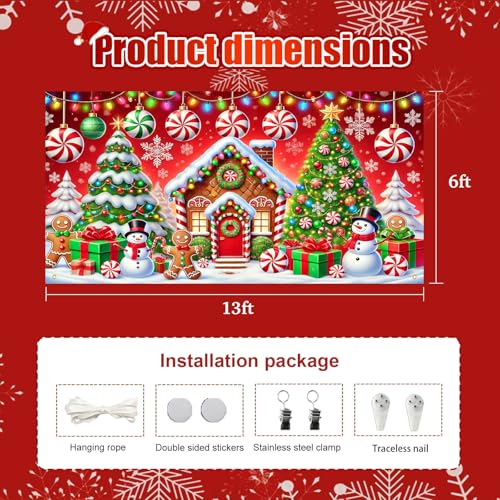 HOMETITUTE Christmas Garage Door Banner Gingerbread House 13x6ft Festive Backdrop Candy Canes Snowmen Photo Prop Background for Sweet Holiday Outdoor Display Festive Party Supplies