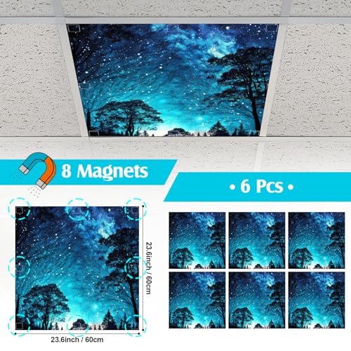 6 Pcs x 2 ft Fluorescent Light Covers with 48 Magnets for Fluorescent Light Shade Drop Ceiling Filters for Classroom Office Kitchen Decor(Starry Night) - style: Starry Night