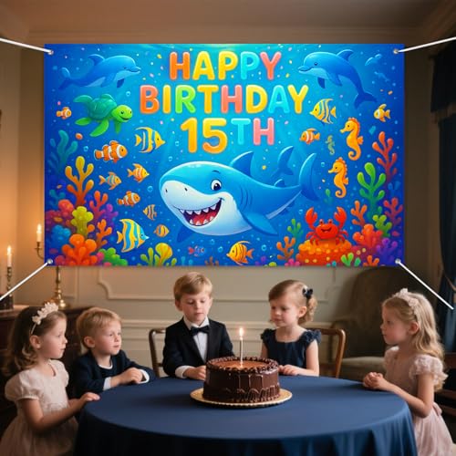 IVN Happy 15th Birthday Backdrop Banner 71x43 Inch Ocean Theme Under the Sea Fifteenth Birthday Party Decorations Photography Background Photo Booth Props for Boys Girls - color: Happy Birthday 15th