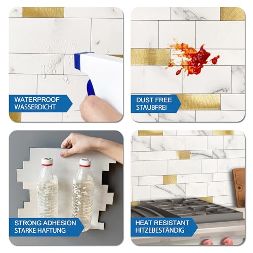 Backsplash Tile for Kitchen Peel and Stick Stone Matte Finish,Bathroom Tiles Stickers 3D Wall Panel Linear Mosaic Marble Backsplash Waterproof(10sheets,White Gold) - color: White Gold, size: 10sheets