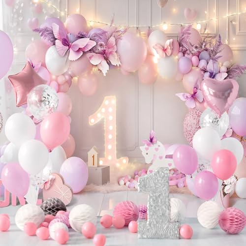 Girl 1st Birthday Backdrop 5Wx3H Feet for Purple Pink Princess Balloons Lights Butterfly First Bday Photography Background Decorations Photo Booth Studio Prop Fabric - color: Pink Purple Birthday, size: 5Wx3H