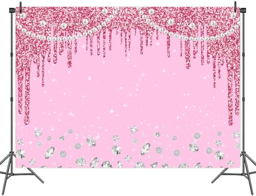 7x5FT Pink Backdrop Dripping Glitter Crystal Diamond White Pearl Photo Banner Happy Birthday Party Bridal Shower Wedding Decorations Photography Background Photo Shoot Props - color: Pink, size: 7X5FT