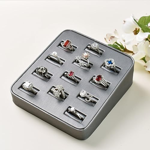 MOOCA 12 Slots Ring Tray Display, Slotted Ring Showcase Display Jewelry Organizer Stand for Home Trade Show, Steel Grey Faux Leather Trim - color: Steel Grey Faux Leather, 12 slots