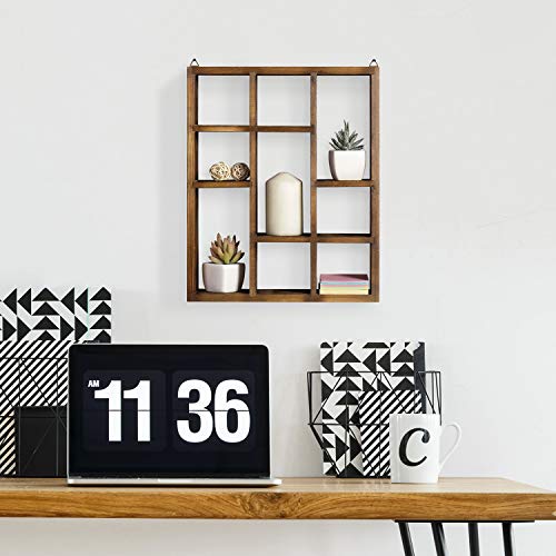 MyGift 9 Compartment Vintage Solid Wood Shadow Box, Wall Mountable Curio Display Case, Freestanding or Floating Shelf for Collectible Figurines, Succulents (Torched) - color: Torched