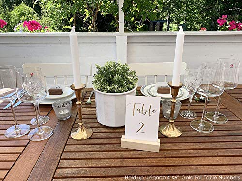 UNIQOOO 5 Pack Wood Table Number Stands | 1/8” Thick Acrylic Sign Holders | Oak Wood Display Stands | Place Card Holder, Perfect for Retail Shop Wedding Dinner Party, Events Decoration, Retail Shop - color: 4.6" Oak,5 pack