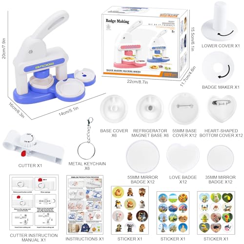 Yallmie Button Maker Machine, Pin Maker Machine Sturdy Button Press Kit, Pin Badge Maker Machine with 24Pcs Badge, Pictures and Circle Cutter, Ideal DIY Kit (C Type) - color: Blue White