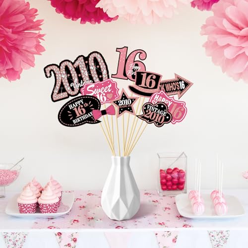 16th Birthday Decorations for Girls, Black Rose Gold Sweet 16 Photo Booth Props Sweet 16 Party Decorations Selfie Props Vintage 2010 Sixteen Centerpiece Sticks Happy 16th Birthday Party Supplies Sign
