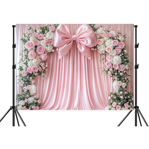 7x5ft Pink Bow Backdrop Floral Coquette Photography Background for Girls Women Birthday Party Decorations Wedding Bridal Backdrops Banner Photo Booth Props - color: Pink Bow, size: 7X5FT