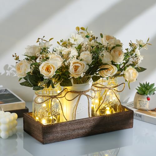 3 Pcs Mason Jar Centerpiece Table Decorations for Dining Table Decor Farmhouse Coffee Table Decor with Wood Tray and Led Light Table Centerpieces for Dining room Kitchen Living Bathroom,White - color: white