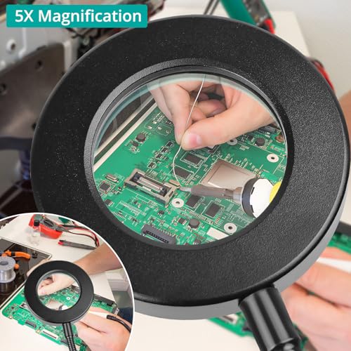 Woputne 5X Magnifying Glass Desk Clip Lamp, 10 Brightness, 3 Color Modes, 5V/2A Adapter Included – Clamp Light for Reading, Crafting, Close Work (Black) - color: Black, size: 5X Magnifier