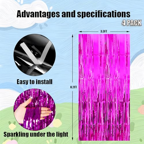 Valentines Day 4 Pack 3.3 * 8.3 ft Foil Curtain Metallic Tinsel Fringe Curtains Photo Booth Props Backdrop for Birthday Wedding Engagement Baby Shower Christmas Holiday Celebration Partyl,Hot Pink - color: Hot Pink, size: 4 Pack