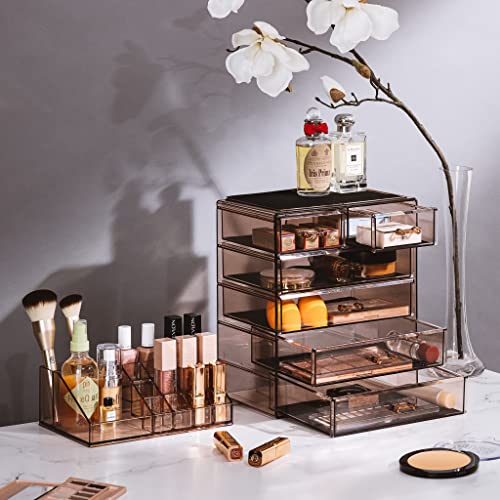 Sorbus Acrylic Makeup Organizer Set, 6-Drawer Vanity & Countertop Cosmetic Storage with Small & Wide Compartments, Bronze Glow Makeup Storage for Brushes, Jewelry – Holiday Gift for Women & Teens - color: Bronze Glow, size: 4 Large, 2 Small Drawers