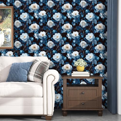Laatse Black Floral Wallpaper Peel and Stick Blue White Flowers Gothic 17.5" x 118" Contact Paper Self Adhesive Vinyl Waterproof Removable for Kitchen Bathroom Shelves Cabinet Drawer Table Decor - color: Black/Blue, size: 17.5" x 118"