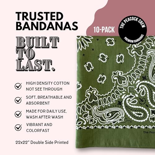 The Peacock Crew Premium Soft Cotton Bandanas Pack for Men and Women Paisley 22 x 22 inches - color: Pack of 10 Olive Green