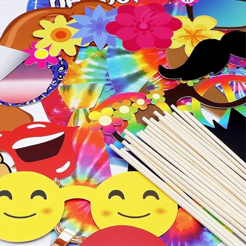 25Pcs Hippie Photo Booth Props with Stick, 60's 70's Groovy Theme Selfie Props, Tie Dye Birthday Party Supplies, Peace Sign Photography Backdrop Decorations