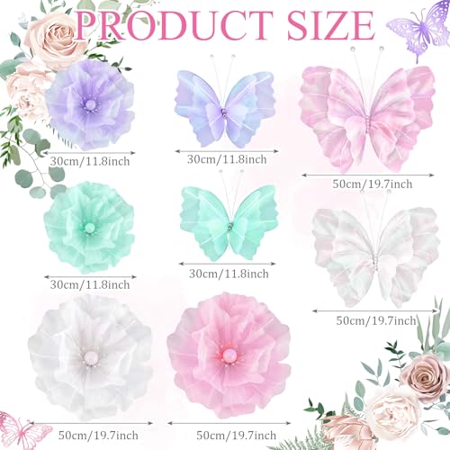 Cinnvoice 8 Pcs Giant Butterfly Flower Decorations 20 Inch 12 Inch 3D Large Silk Butterfly Artificial Flower Wall Decorations for Wedding Backdrop Bridal Shower Birthday Party Bedroom Decor (Pastel) - color: Pastel