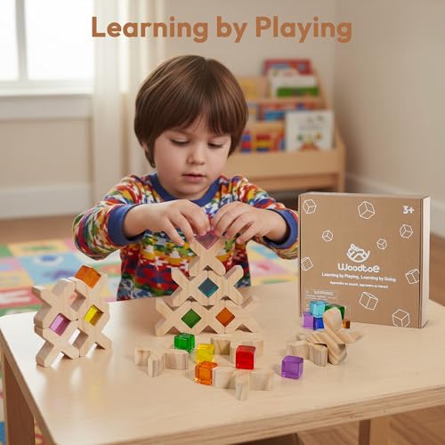 Woodtoe Wooden Building Blocks for Kids, 48 PCS Rainbow Acrylic Gem Cubes Blocks - 32 Wooden Blocks, Montessori Stacking Toy for Toddlers, Educational STEM Learning Sensory Toy Gifts for Boy Girl 3-6 - style: 80 PCS Rainbow Blocks Set