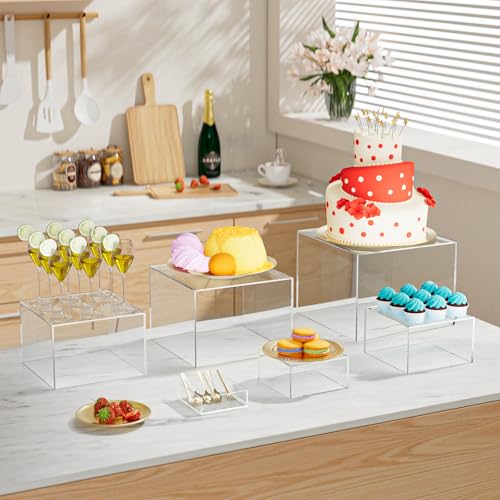 KOLIPI 6Pcs Buffet Risers, Food Risers for Buffet Table, Acrylic Boxes for Display Cube Riser Display Stand for Party Catering Dessert Collectibles, Clear Set (Size 8", 7", 6", 5", 4", 3") - color: Clear