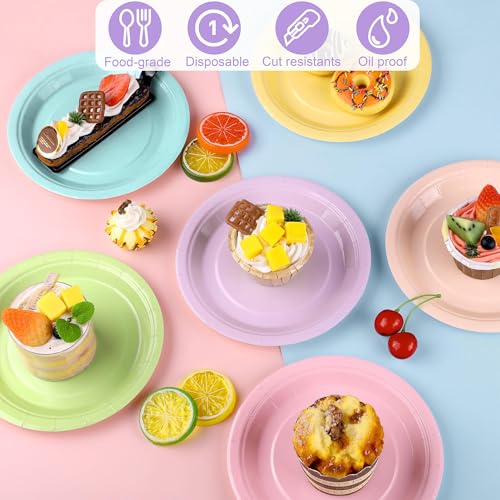 Breroa 72 Pieces Pastel Rainbow Paper Plates 7 Inch Bulk Plates Disposable Round Dessert Plate Heavy Duty Solid Color Paper Plate Table Decors Party Supply for Birthday, Dinner, Wedding - color: Pastel Rainbow