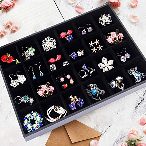 Black Velvet Stackable 24 Grid Jewelry Tray Showcase Display Organizer Holder Dividers for Teen Stud Drop Earring, Watch, Bead, Trinket Storage Adjustable Box Case Dish for College Dorm Woman Drawer - color: Black 24 Grid