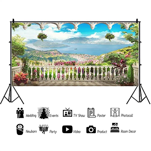 AOFOTO 20x10ft Retro Garden Terrace Backdrop Beautiful Balcony Scenery Photography Background Vintage Archway Landscape Girl Bride Portrait Seascape Romantic Wedding Photo Studio Props Vinyl Wallpaper - size: 20x10ft