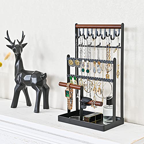 ProCase Jewelry Organizer Stand Necklace Organizer Earring Holder, 6 Tier Jewelry Stand Necklace Holder with 15 Hooks, Jewelry Tower Display Rack Storage Tree for Bracelets Earrings Rings -Black - color: Black
