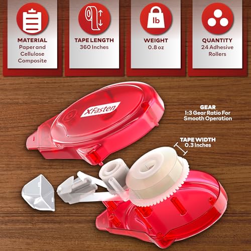 XFasten Double Sided Glue Tape Roller for Scrapbooking 24-Pack (8mm x 30ft) Double Sided Tape Roller Runner for Scrapbooking Adhesives, Crafts, Art, School Supplies - color: Red Shell (Clear Tape), size: 24-Pack, 0.3-inch by 360-Inch