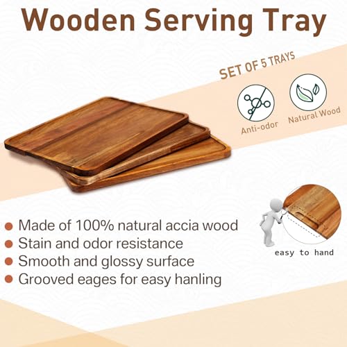 Roowest 5 Pack Solid Acacia Wood Serving Trays for Laser Engraving Rectangular Wooden Board for Food Appetizer Serving Tray Plates for Vegetables Fruit Cheese Housewarming Gifts(14 x 10 Inch) - size: 14 X 10 Inch