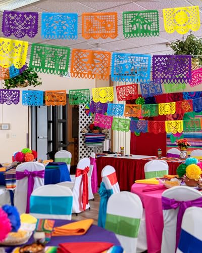 90 FT Fiesta Party Decorations, 5 Pack Cinco De Mayo Banner, Large Plastic Papel Picado Mexican Themed Party Banner Dia De Los Muertos String Flags Colorful Indoor Outdoor Hanging Home Yard Decor